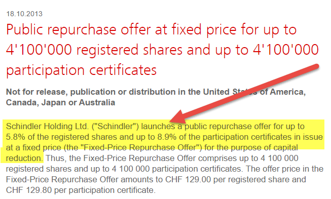 Fixed Price Share Repurchase Buyback
