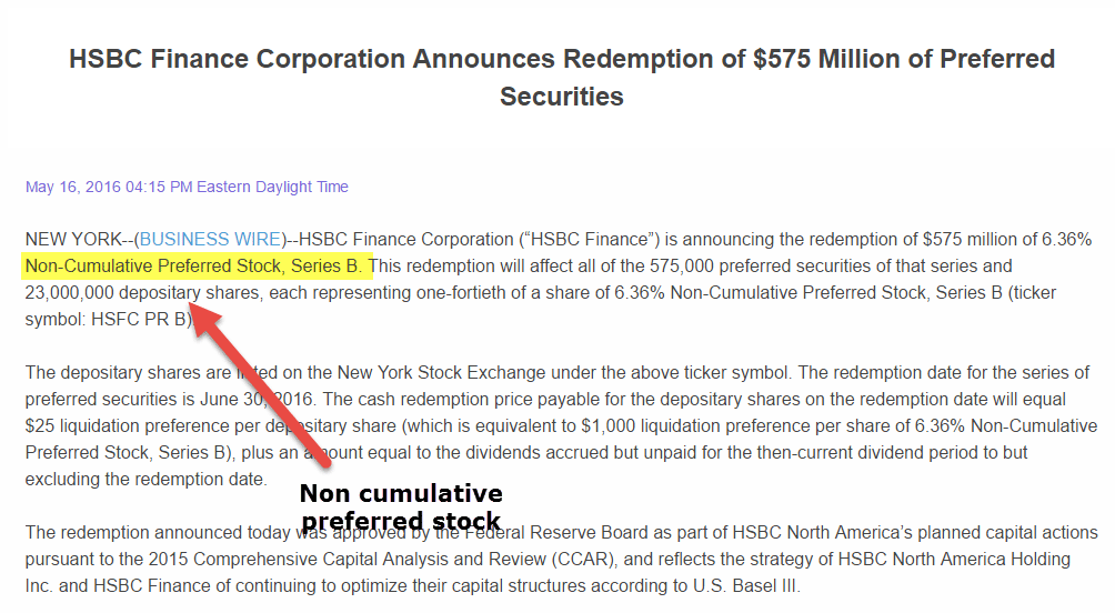 Non Cumulative Preferred Stock HSBC
