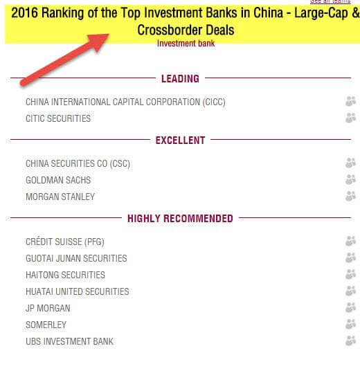 Top Investment Banks in China - 2016 - large cap