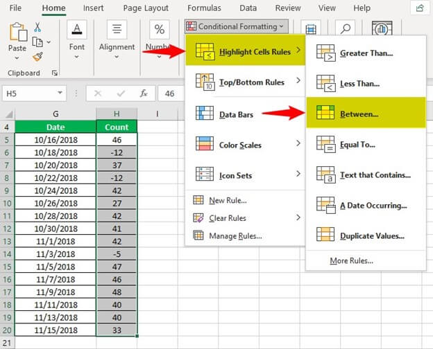 Conditional Formating - Highlight Cell Rules - Between