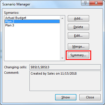 Scenario Manager (Summary Report) - Step 1