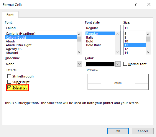 Subscript in Excel Example 1-1 (method 2)