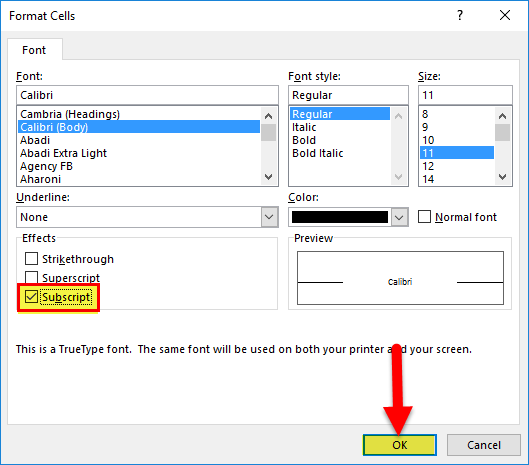 Subscript in Excel Example 1-3