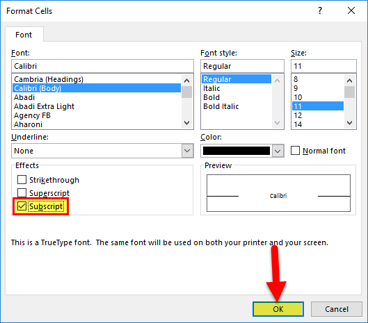 Subscript in Excel Example 3-2