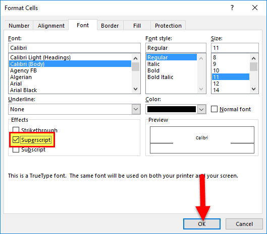 Superscript in Excel - long method