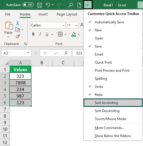 Quick Access Toolbar - Sort Ascending