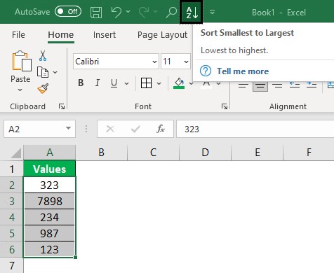 Quick Access Toolbar - Sort Smallest to Largest