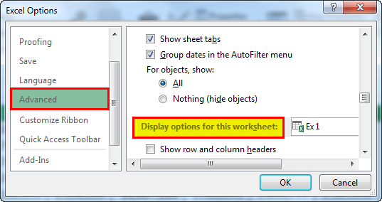 Display option for this worksheet