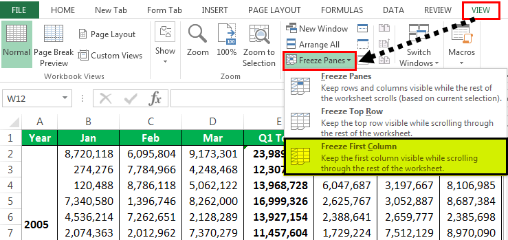 drop-down list of Freeze Panes
