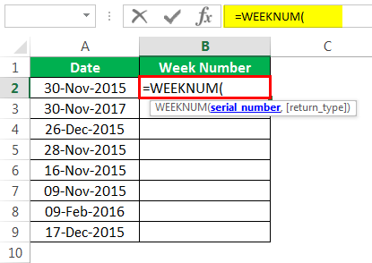 Open the Excel WEEKNUM function in the B2 cell