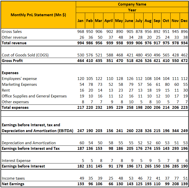 Profit and Loss Statement Template (Monthly PnL Statement (Mn $))