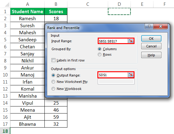 Rank and percentile Example 3-2