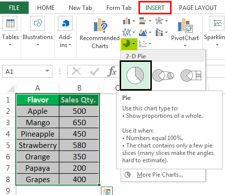 Make a Pie Chart Excel Example 1-1