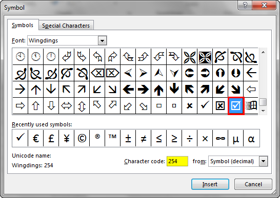 Check Mark in Excel symbol option