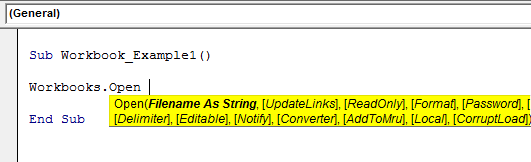 Excel VBA Workbook.Open Example 1.2