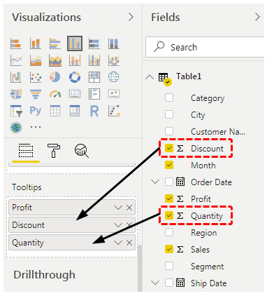 Power BI tooltip (Discount & Quantity)
