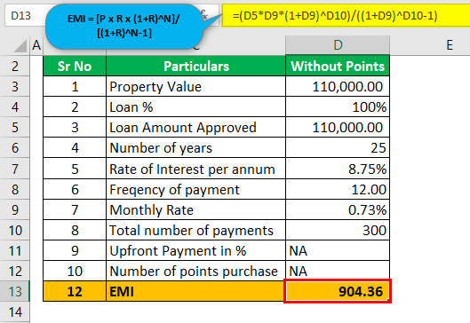 Mortgage Points calculator - Example #1 (without Points)