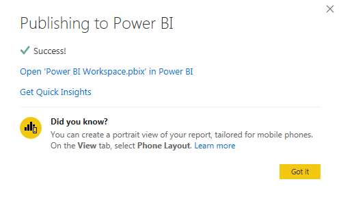 Power BI Workspace - Confirmation Msg