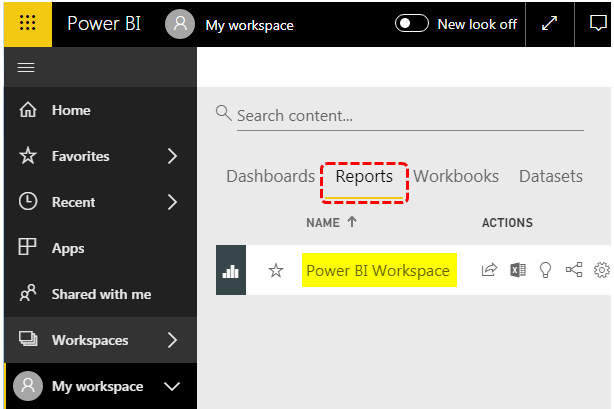 Power BI Workspace - Reports Option