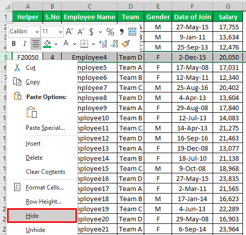 Shortcut for Hide (Hide row through right click)