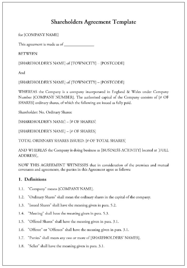 shareholders agreement template
