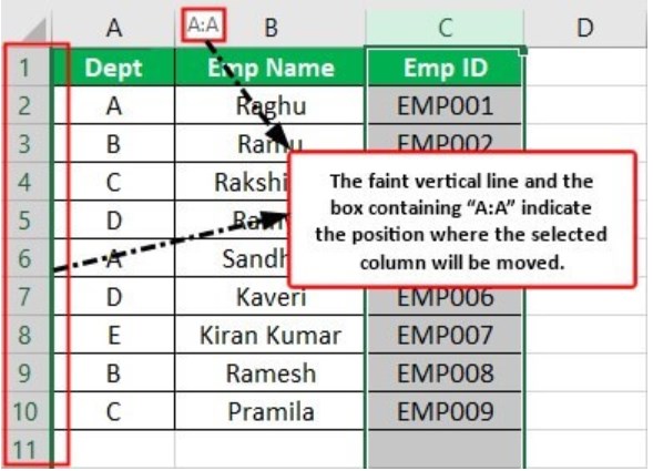 Move columns in Excel - Example 1 - Step 3
