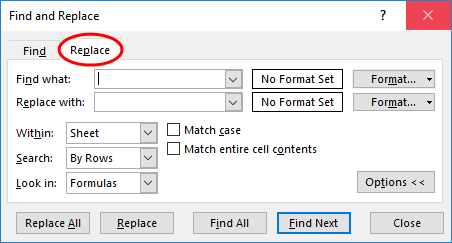 Click the replace option in the find and replace dialog box