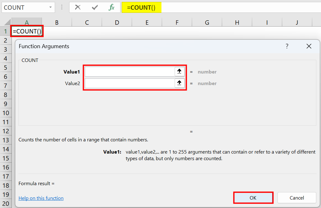 COUNT Function in Excel - Function arguments window