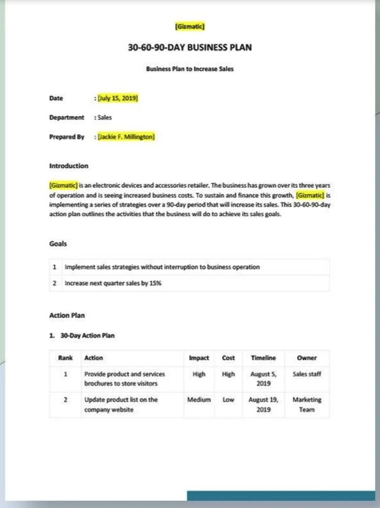 30-60-90 Day Plan Template