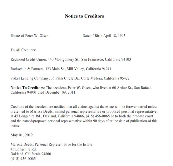 Notice To Creditors Template
