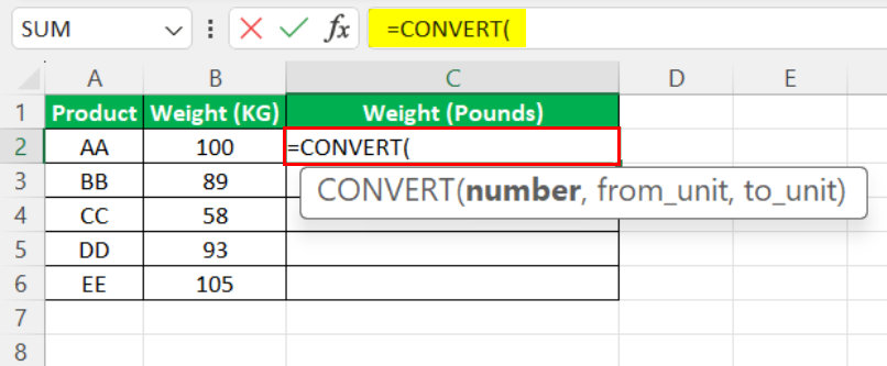 Convert Function in Excel - Example 3 - Step 1