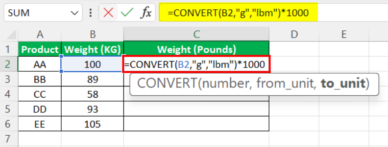 Convert Function in Excel - Example 3 - Step 2