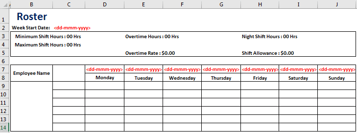 Creating Roster Excel Template Method 1-3