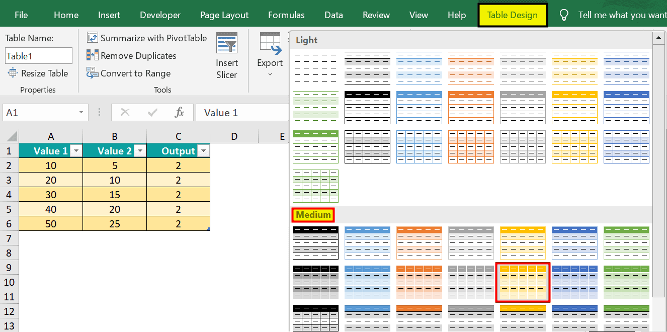 Excel Table Styles & Formats