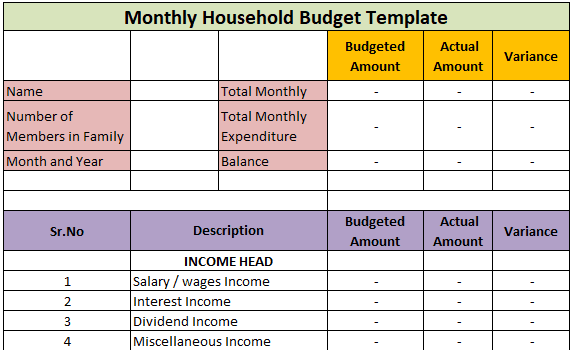 Monthly Household Budget Template