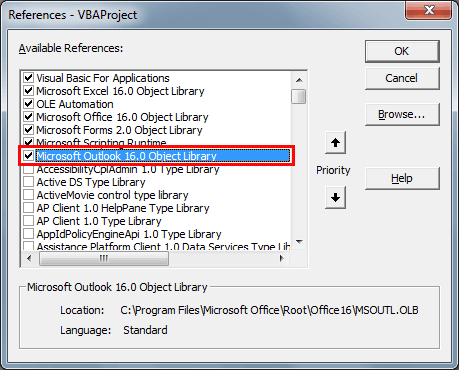 VBA, Go to Tools - Microsoft Outlook 16.0 Object Library